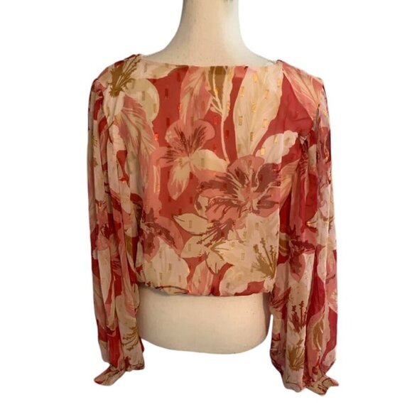 Flying Tomato  Pink Gold Metallic Floral Balloon Sleeve Top - Picture 4 of 4